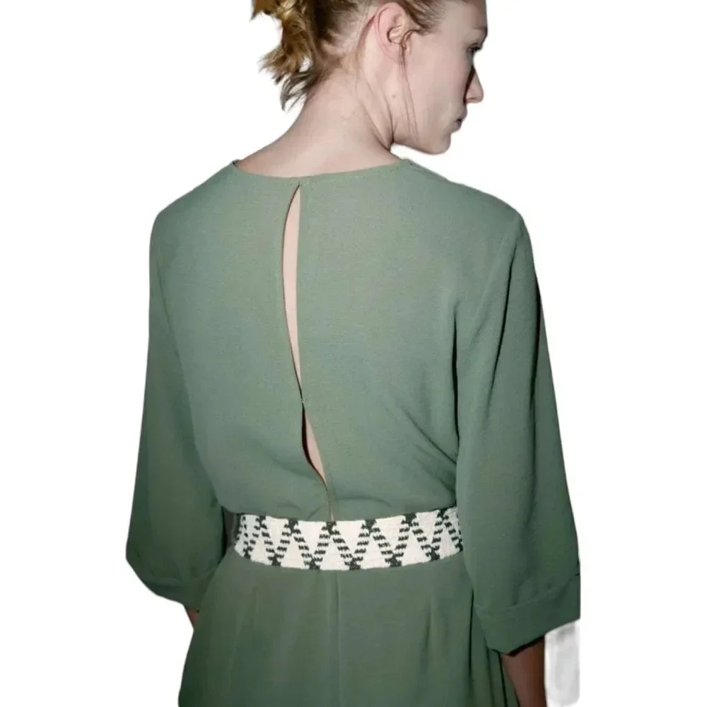 ZARA Dark Khaki Belted Wide Leg Jumpsuit XS NWT Wrap V Neck 3/4 Sleeve